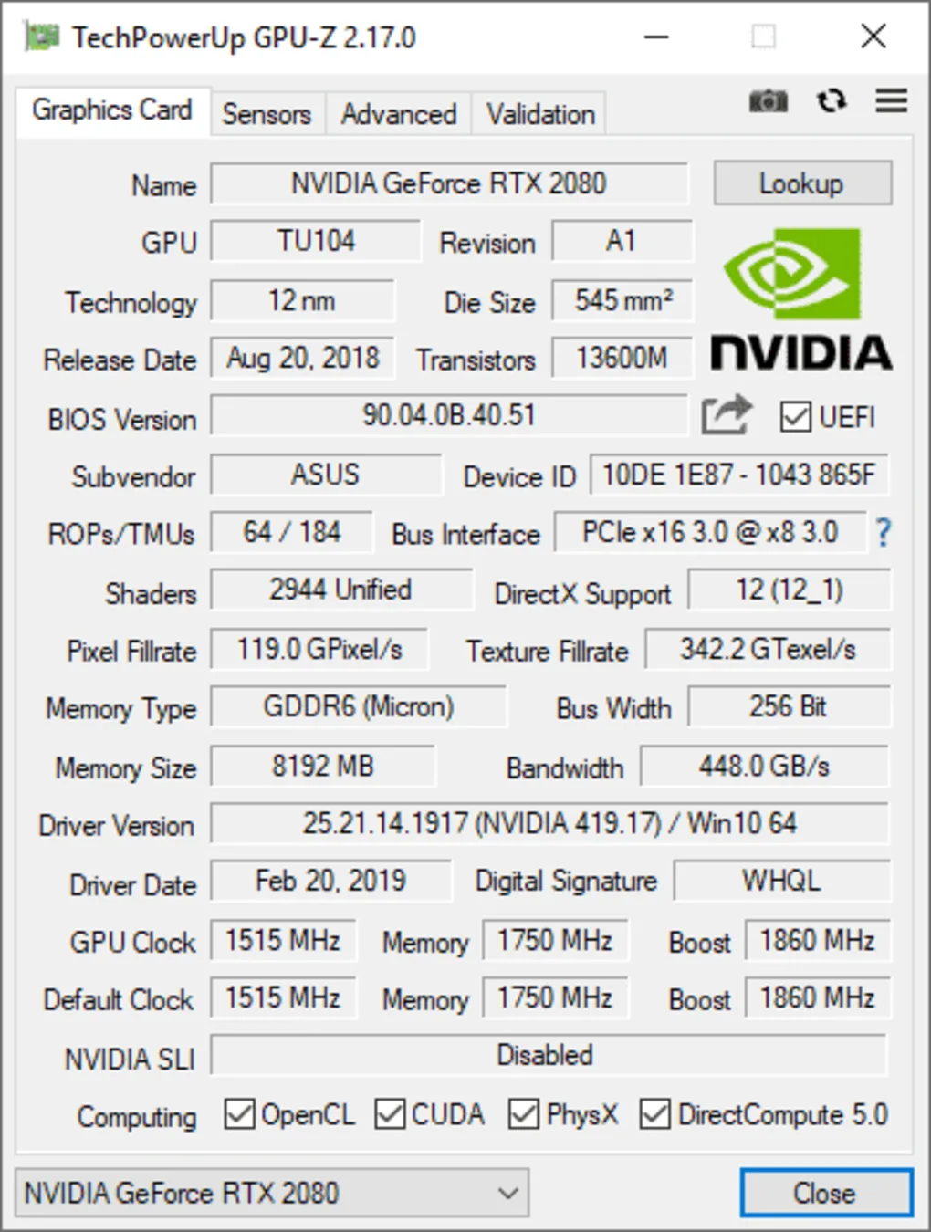 Interface de gpu z