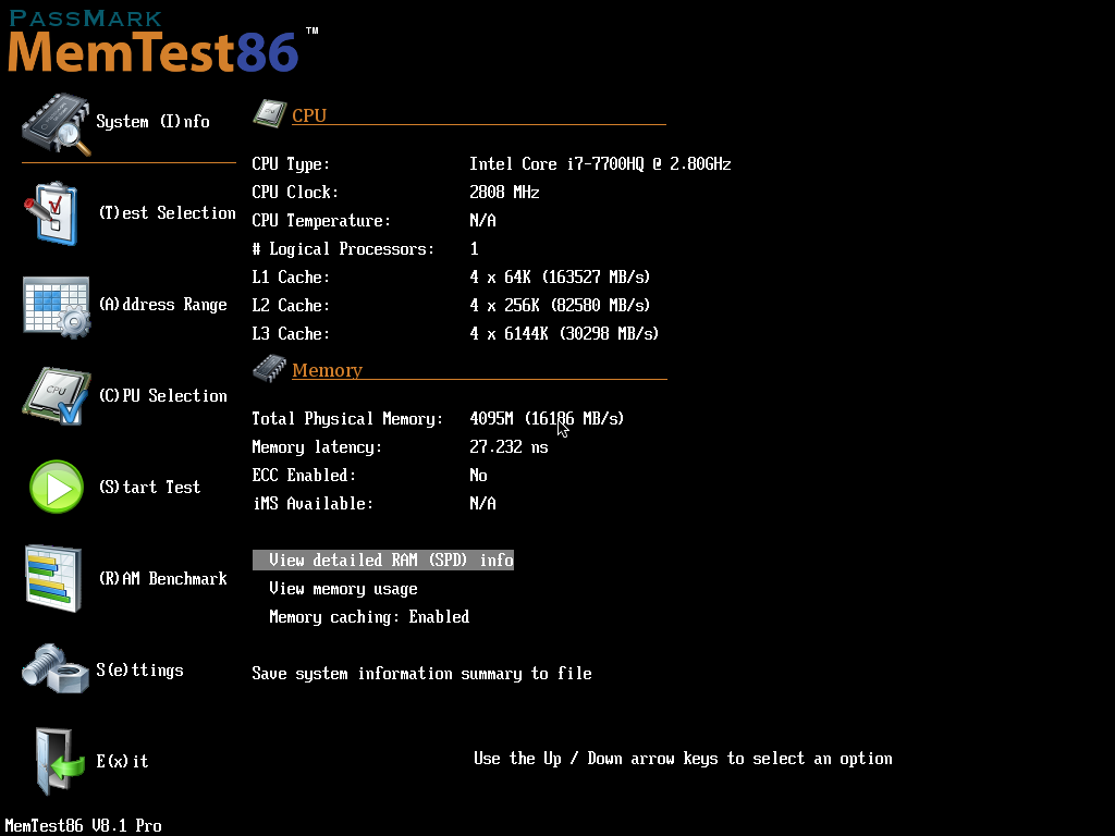 interface de memtest86