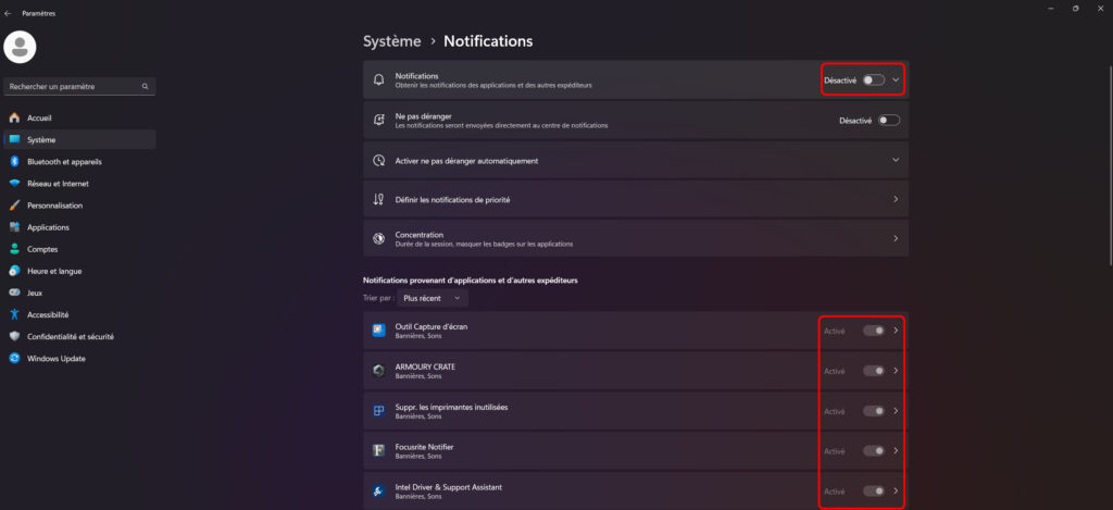 screen 2 désactiver les notifications