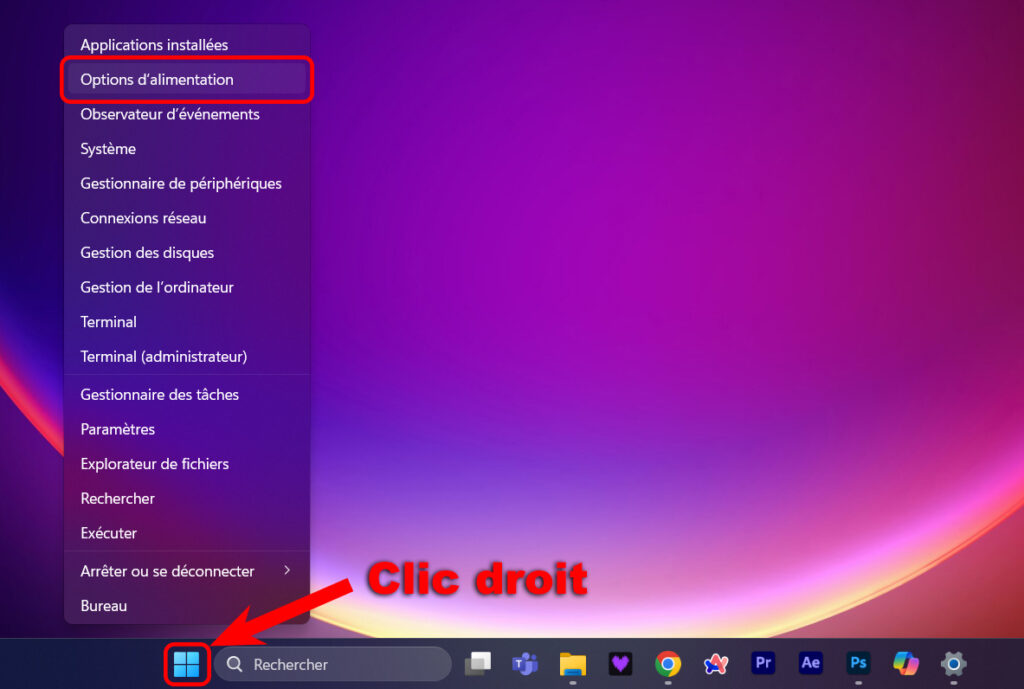 screen 1 options d'alimentation