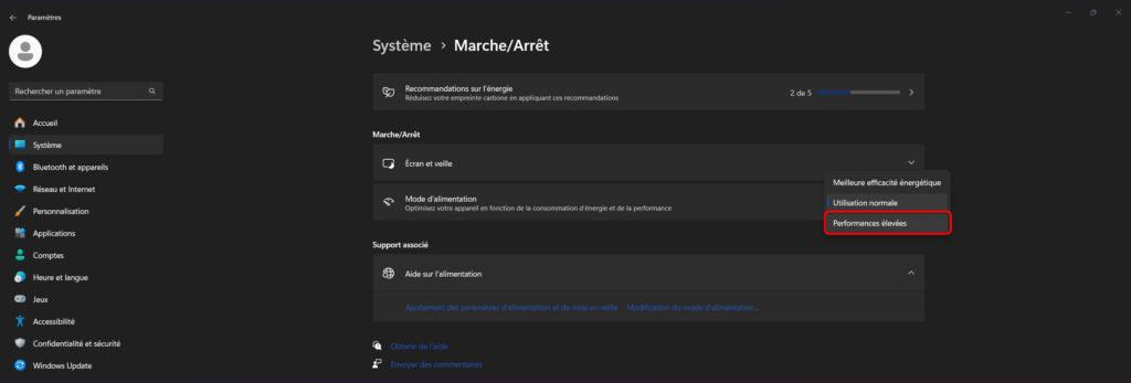 screen 2 options d'alimentation
